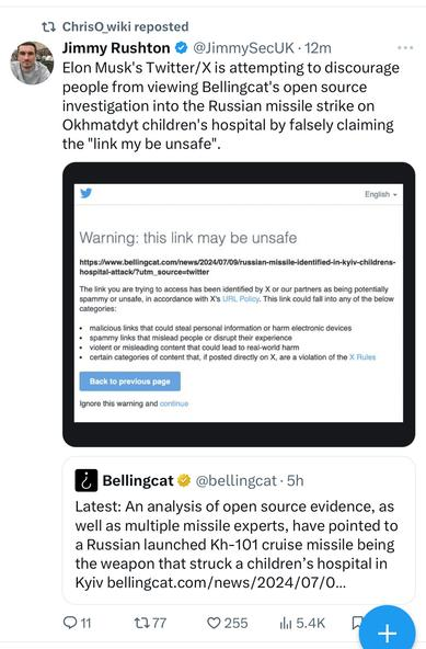 Twitter screenshot showing that the site is discouraging people from looking at Bellingcat's investigation into the Russian missile attack on a children's hospital in Ukraine. 