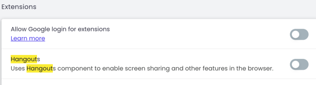 Extension settings to toggle Google Hangouts on or off