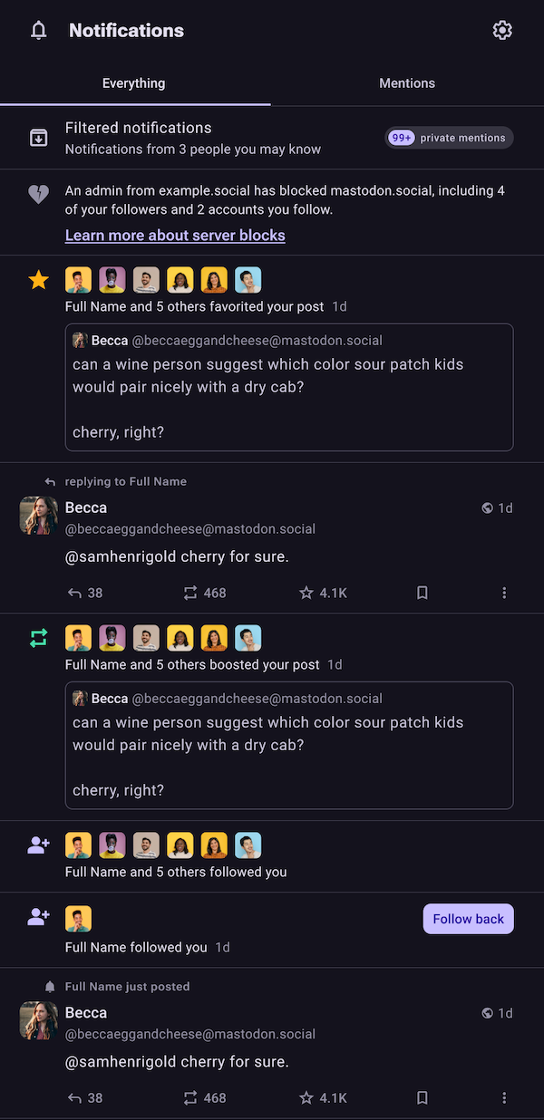 Preview of the new grouped notifications feature on Mastodon.