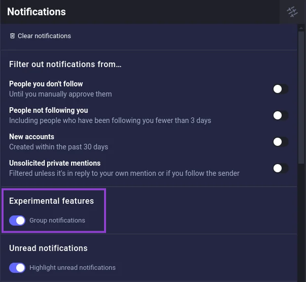 Experimental features: Group notifications toggle