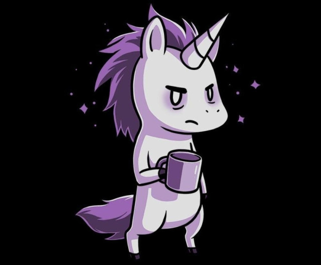 A grumpy unicorn with a purple mane carrying a coffee mug

Design from teeturtle.com