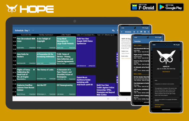 Screenshots of the HOPE 2024 Schedule app for Android smartphones and tablets 