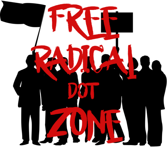 A cropped version of the FRZ “crowd” black silhouette background, with the words “FREE”, “RADICAL”, “dot”, “ZONE” in red, stacked vertically, centered, in a messy paintbrush-style font, centered.