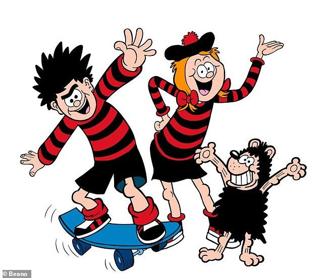 Dennis the menace cartoon: boy and girl wearing red and black striped jumpers, and a fuzzy black dog