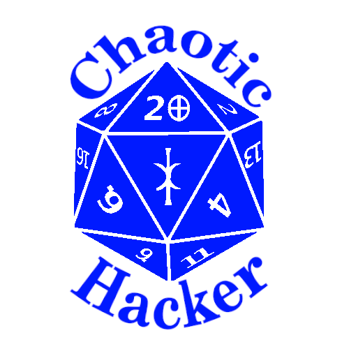 A modified twenty-sided dice, with a Hand of Eris as the central number, and the second digit of the 20 is a Quartered Circle.  The words Chaotic Hacker are around the outside.