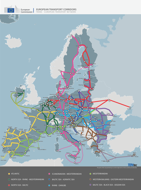 A visual showing the network of TEN-T in Europe. It is composed of 9 routes that pass across all Europe.  
 
The Atlantic 
The North Sea-Rhine-Mediterranean 
North Sea-Baltic 
Scandinavian-Mediterranean 
Baltic Sea- Adriatic Sea 
Rhine-Danube 
Mediterranean 
Western Balkans- Eastern Mediterranean 
Baltic Sea- Black Sea -Aegan Sea 