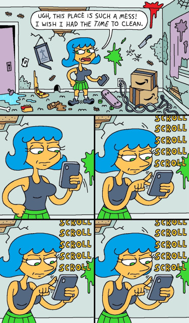 A comic that features a woman standing in a messy room, saying, "Ugh, this place is such a mess! I wish I had the **time** to clean." She then picks up her phone and begins scrolling through it, ignoring the clutter around her. The subsequent panels show her engrossed in her phone, continuously scrolling, with the word "SCROLL" repeated multiple times. The comic humorously highlights the contrast between her desire to clean and her distraction with her phone.
