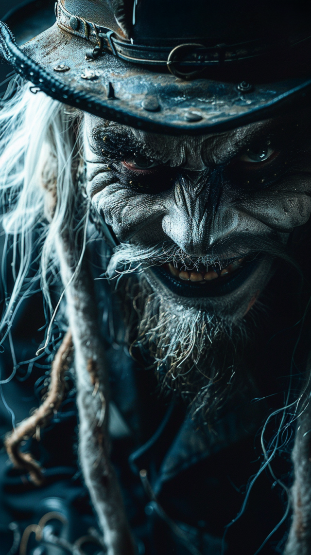 A re-imagining of the WWE character Uncle Howdy as a horror character. It depicts a menacing figure with a sinister grin, weathered and darkened facial features, and intense, piercing eyes. The character wears a tattered hat adorned with metal accents, and his long, white hair and beard are unkempt and wild. The overall atmosphere is eerie and foreboding, emphasizing a nightmarish and malevolent persona.