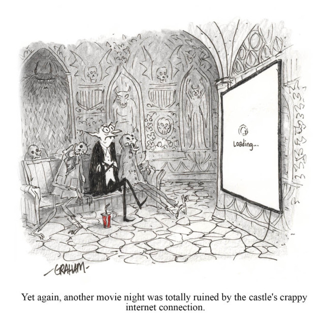 A cartoon illustration of a vampire irritated watching a loading screen on his tv because the internet is bad in his castle. The caption underneath says "Yet again another movie night was totally ruined by the castle's poor internet connection."