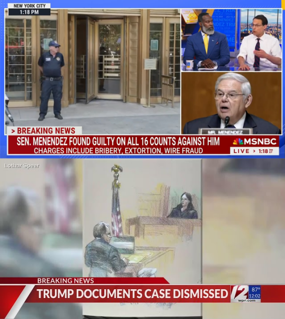 An image of two screenshots, the top of which is a screenshot of breaking news that Senator Bob Menendez was found guilty on bribery, extortion and wire fraud charges while the bottom is of breaking news announcing the dismissal of Trump's document case. 