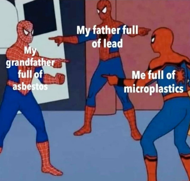meme of 3 spider-mans pointing at each other.
spidey 1: my grandfather full of asbestos
spidey 2: my father full of lead
spidey 3: me full of microplastics