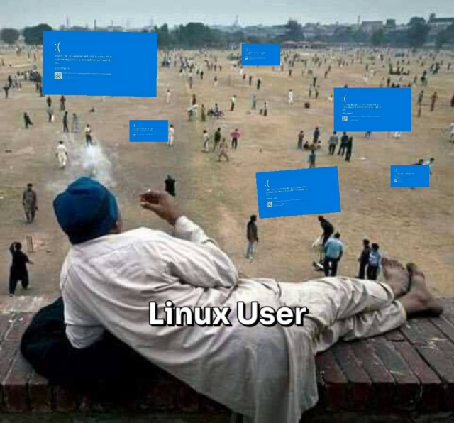 This meme, from a Linux user's perspective, pokes fun at the recent Windows BSOD caused by CrowdStrike during a major outage.