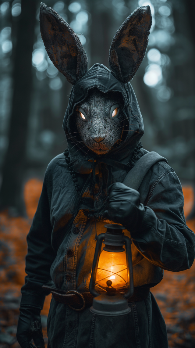A dark and eerie depiction of Rambling Rabbit, a character from WWE's Firefly Fun House, re-imagined as a horror figure. The humanoid rabbit is dressed in a hooded cloak, with glowing eyes and a menacing expression, holding a lantern. The setting appears to be a spooky forest, illuminated by the lantern's light, creating a haunting atmosphere.