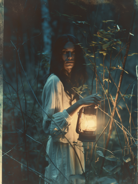 A woman in a flowing white dress standing amidst a dark, eerie forest. She holds an old-fashioned lantern, which casts a warm, glowing light that contrasts with the shadowy surroundings. The scene evokes a sense of mystery and quiet determination as she ventures through the dense foliage, guided only by the light in her hand.