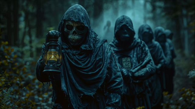 A group of hooded, skeletal figures holding lanterns, walking through a dark, foggy forest. The scene has an eerie, haunting atmosphere, with the leading figure's skeletal face illuminated by the lantern's light. The overall ambiance is one of mystery and foreboding, evoking a sense of the supernatural.