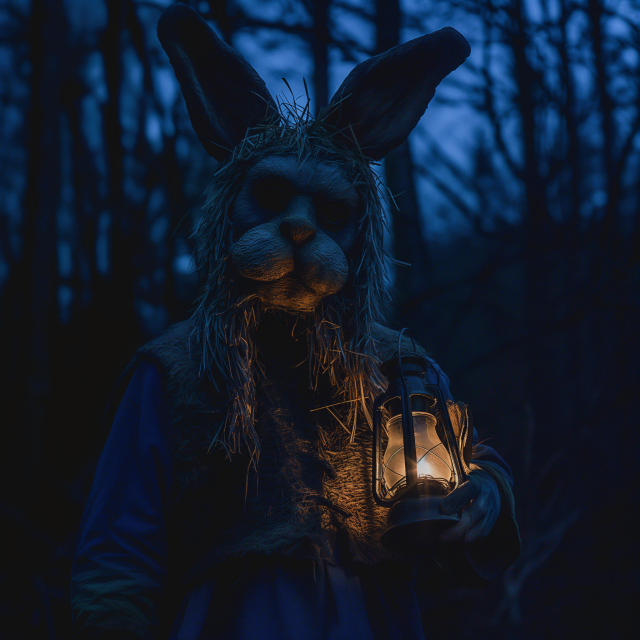 A dark forest with a tall, foreboding figure resembling Rambling Rabbit. It holds a lantern, casting a dim, eerie light. The figure's hooded cloak and the glow of the lantern create a haunting atmosphere, with shadows playing on its face, emphasizing its unsettling, lifelike features. The surrounding trees and darkness add to the ominous, mysterious mood, making the scene both creepy and captivating.