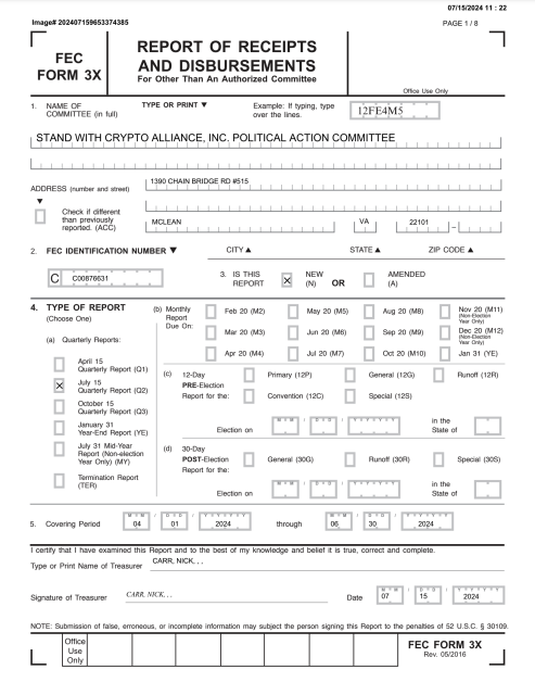 FEC Form 3x for Stand With Crypto Alliance, Inc. Political Action Committee, showing a filing date of 7/15/2024, and a coverage period of 4/1/2024 to 6/30/2024.