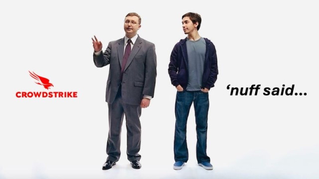 Old PC vs Mac as with two gentlemen. PC is stodgy guy in suit. Mac is Justin Long in jeans tshirt and sweatshirt. 

PC is labeled Crowdstrike. Mac is labeled “‘nugt said…”