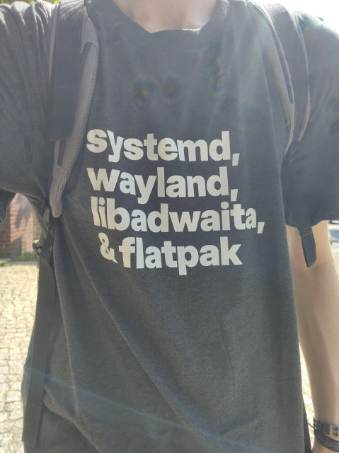 me in a grey shirt with the text "systemd, wayland, libadwaita, flatpak" on it