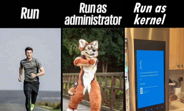 A common meme template.
At the left we have the word "Run" associated with a person running.
Next we have the text "run as administrator" associated with a furry.
That part is funny because a very high percentage of IT people are furrys.
At last we have the text "Run as kernal" with a blue screened smart fridge that got affected by the recent crowdstrike incident that took out like half of professionally used desktop systems.