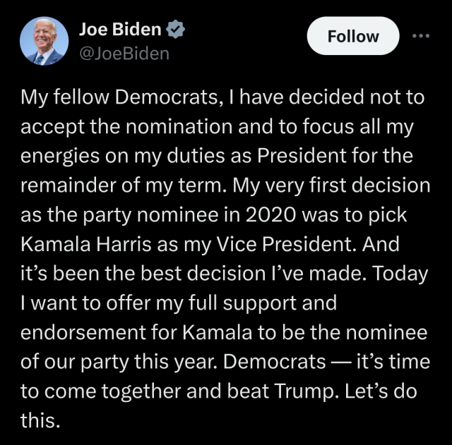 Joe Biden post on Twitter endorsing Harris to be the nominee.