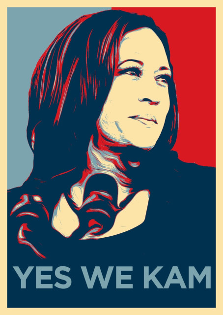 Stylized portrait of Kamala Harris with the text "YES WE KAM" at the bottom. The image uses the red, white, and blue color scheme in the Obama “Hope” poster. 