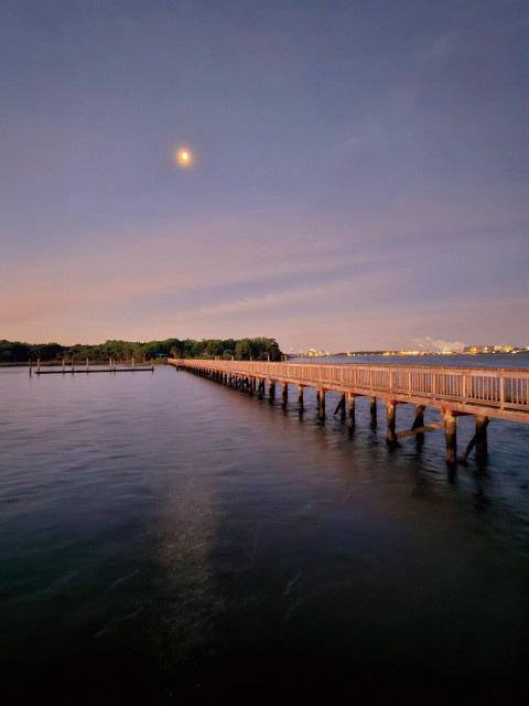 About an hour before sunrise, a view from an observation deck back at the shoreline, beneath blue and pink skies and a glowing moon, and part of a long wooden boardwalk visible over the calm dark waters.