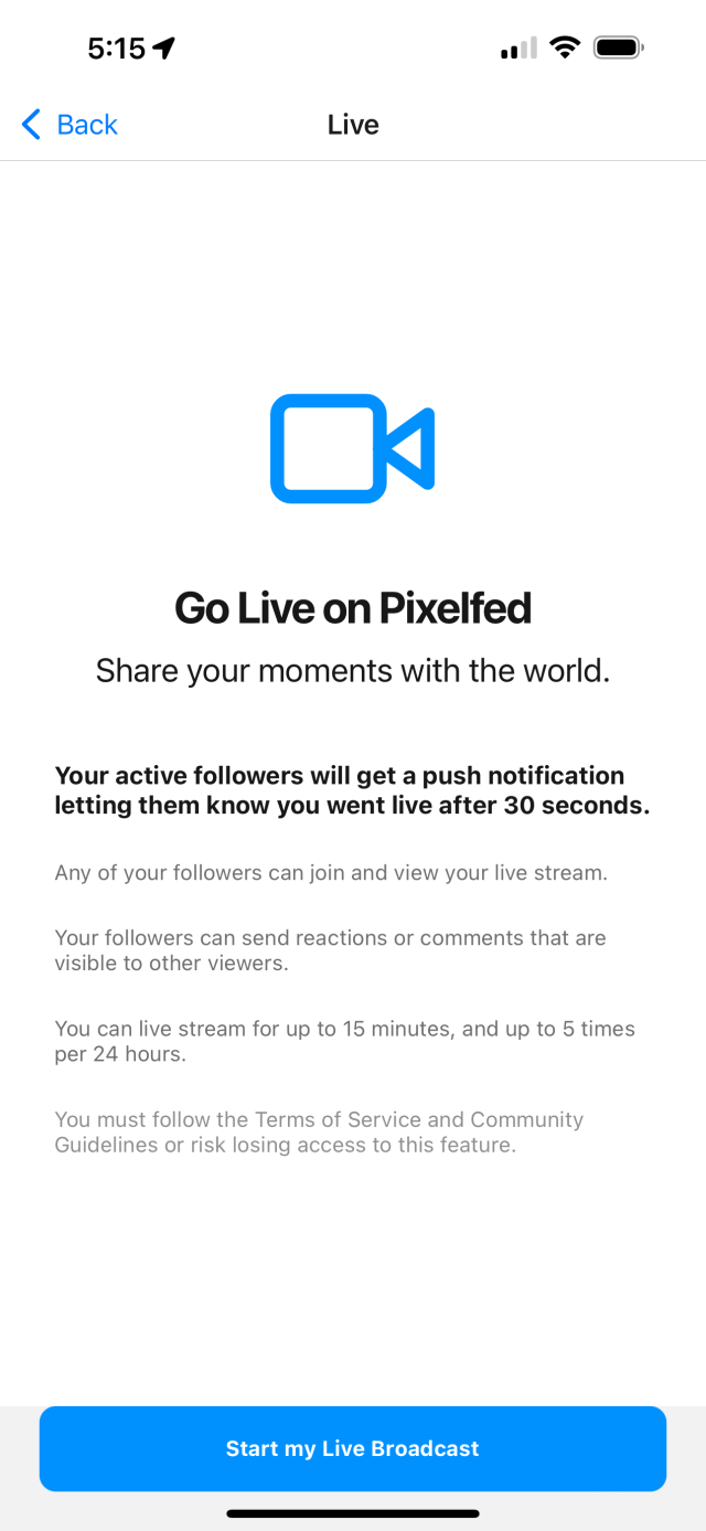 Pixelfed Live streaming