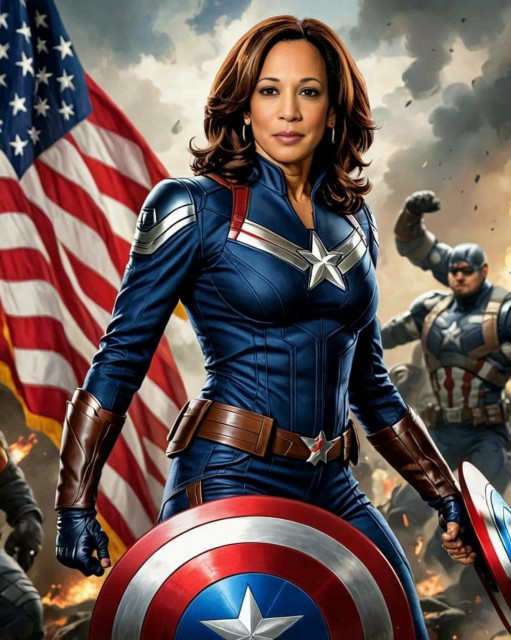 Presidential contender Kamala Harris in a Captain America suit with a U.S. flag in the left and Captain America in the background. Yes We Kam!