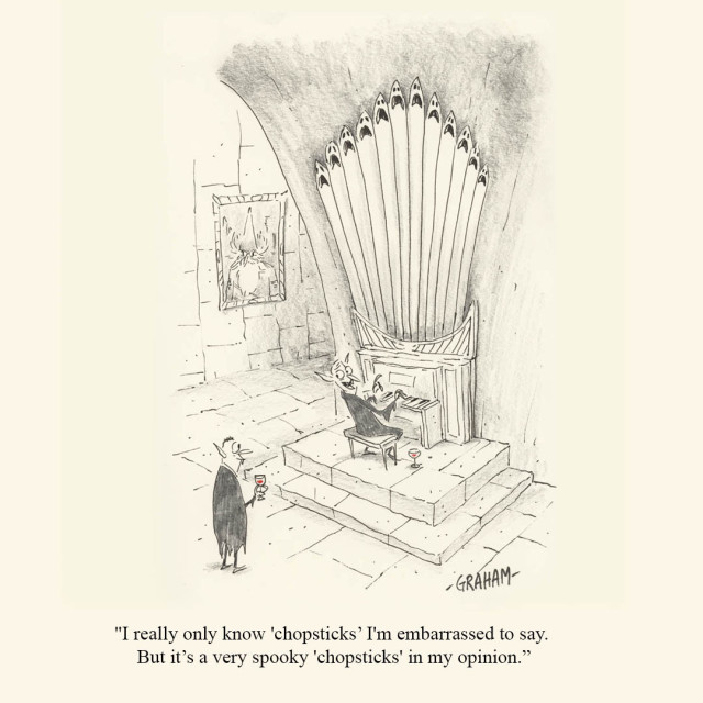 A cartoon illustration of a vampire seated at an elaborate pipe organ talking to another vampire holding a drink. The caption underneath is "I really only know 'chopsticks' I'm embarrassed to say. But it's a very spooky 'chopsticks' in my opinion."