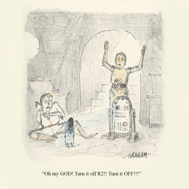 A cartoon illustration of Luke Skywalker watching R2D2 play a holographic recording of the girl from The Ring as C3PO is panicking and saying "Oh my GOD! Turn it off R2! Turn it OFF!"