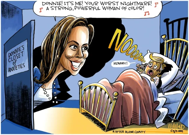 Cartoon  picture featuring a karger-than-life Jamela Harris peering into TFG's bedroom, as if it were a nightmare 😳,  looking at TFG crying NO! when she says, "Donnie, it's me! Your worst nightmare has come true: a strong, powerful woman of color!"