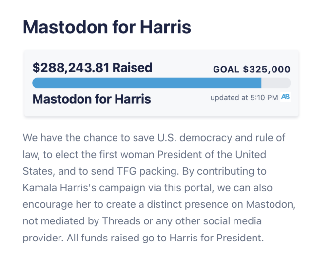 Screen shot showing Mastodon for Harris having raised $288,243 since Monday.