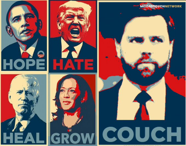 Shepard Fairey style captioned posters of Obama (Hope), Trump (Hate), Biden (Heal), Harris (Grow), and now added... JD Vance (Couch)