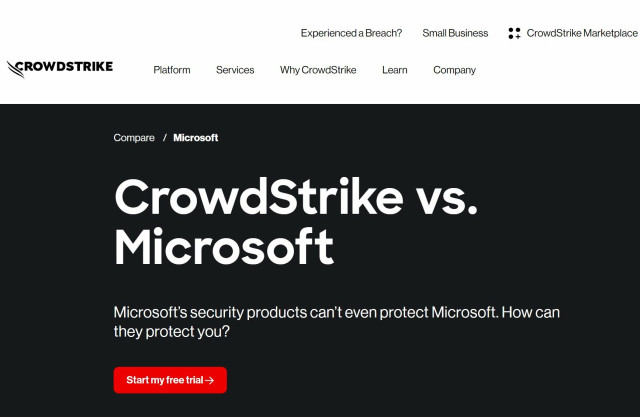 CrowdStrike's homepage pre-internet crash with the tagline "Microsoft’s security products can’t even protect Microsoft. How can they protect you?"