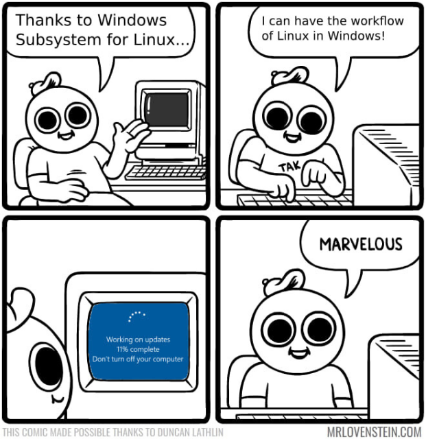 Dude in front of computer.

Panel 1: "Thanks to Windows Subsystem for Linux..."

Panel 2: "I can have the workflow of Linux in Windows!

Panel 3: Dude looking at blue screen "Working on updates 11% complete Don't turn off your computer"

Panel 4: "Marvelous"
