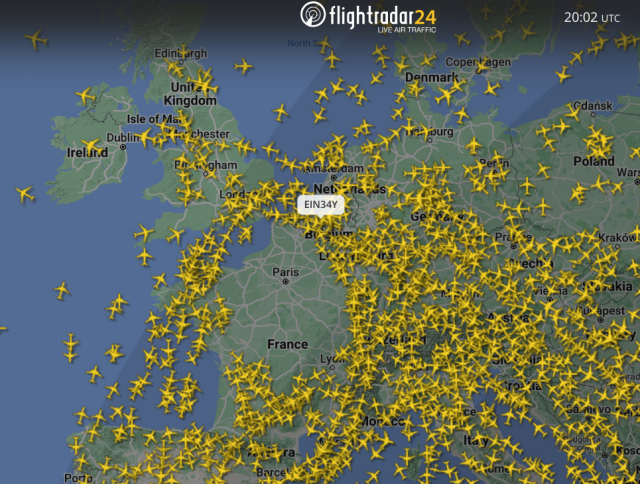A screenshot of the FlightRadar24 website showing all the flights over Europe, but with no plane actively over France.