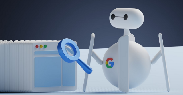 A Google web crawler bot holding a magnifying glass to a stack of web browser windows.