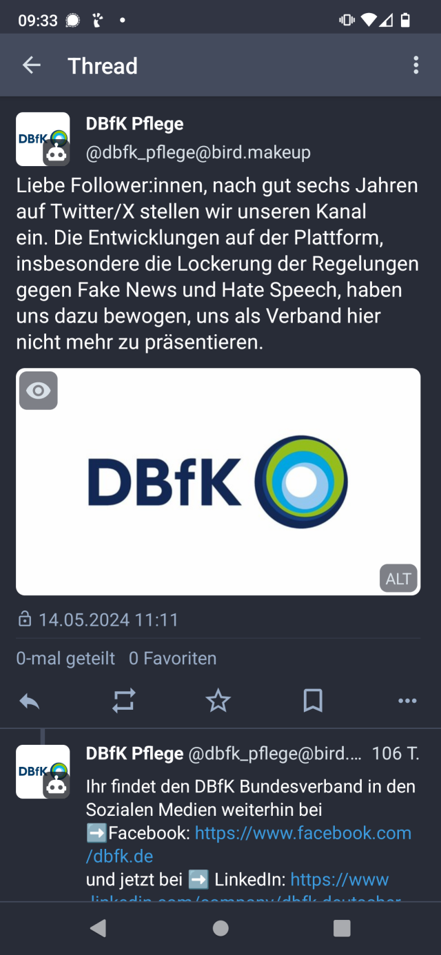 Tweet des DBfK bzgl. der Einstellung ihres Accounts auf Twitter wegen Fake News etc. im Mai 2024 