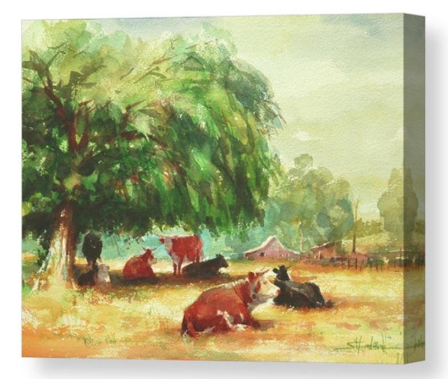 Canvas print of an original watercolor painting depicting a group of cows sitting under a tree on a country farm.