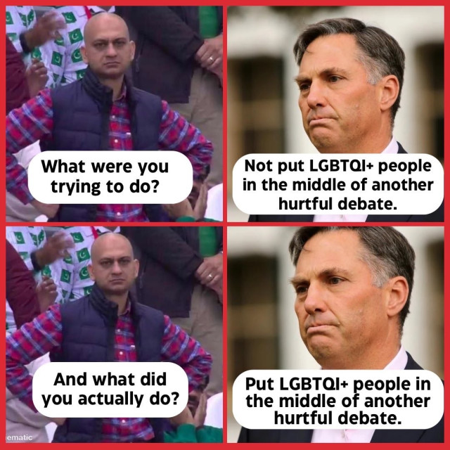 A meme with two panels featuring two men, each displaying serious expressions. The top panel includes dialogue questioning intentions regarding LGBTQI+ representation, while the bottom panel critiques the outcome. The theme revolves around the impact of debates on LGBTQI+ individuals in society