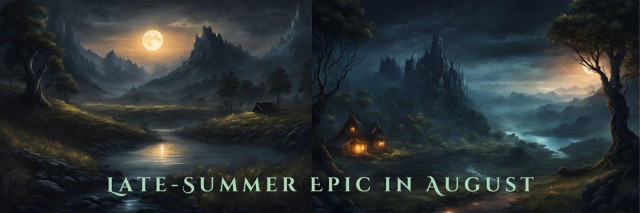 Late-Summer Epics in August. A painting of a misty, twilight landscape of craggy mountains, the full moon shining through hazy clouds. A single cottage sits by a pond and a dead tree with firelight coming from three windows.