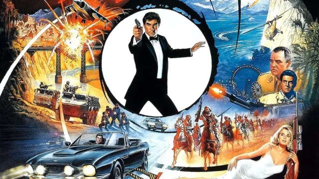 James Bond surrounded by all the action in the movie.