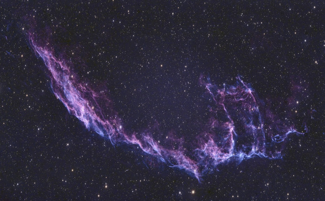 Image of the Veil Nebula, a colorful, diffuse nebula in the constellation Cygnus, showcasing filamentary structures in shades of purple, blue, and pink against a backdrop of numerous stars.