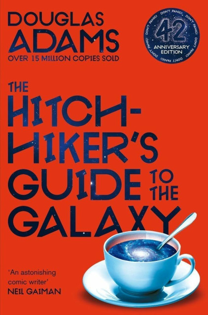 A cover for The Hitchhiker's Guide to the Galaxy by Douglas Adams.