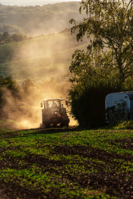 Ein Traktor zieht mit der Sonne im Rücken eine Staubfahne hinter sich her.

A tractor trails a plume of dust behind it with the sun behind it.