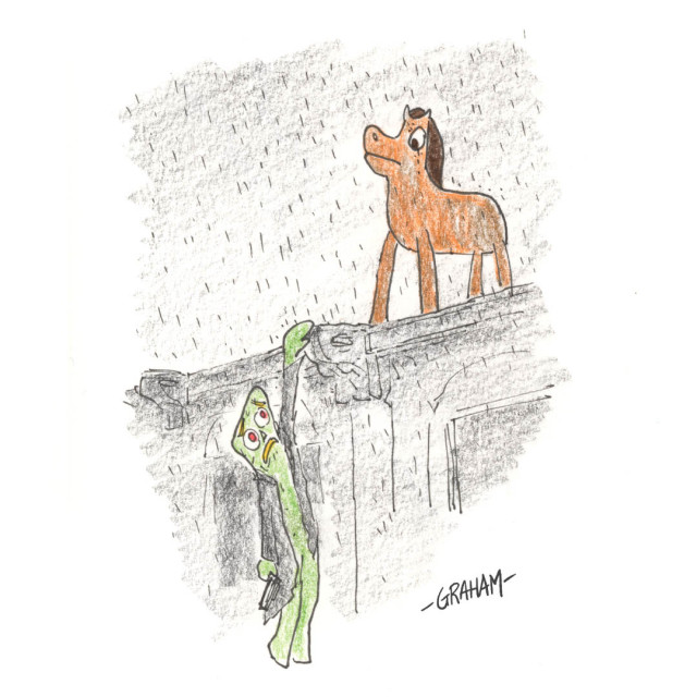 A cartoon illustration of Gumby and Pokey recreating a scene from Ridley Scott's Blade Runner.