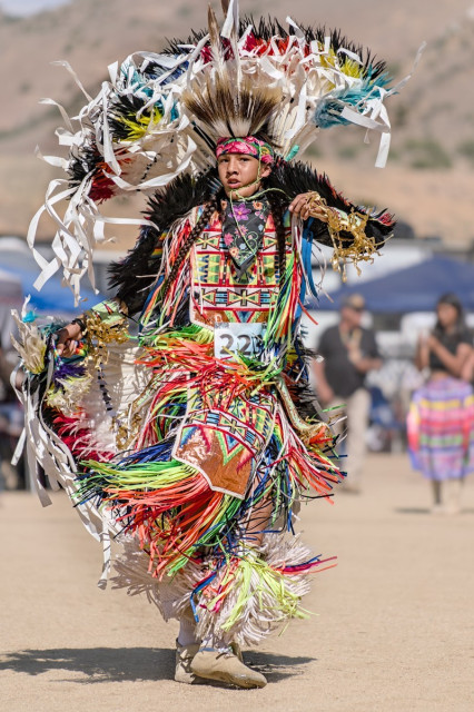 Color portrait photo of a Native American "Fancy" dancer at a powwow. Fancy dancers have copious amounts of colorful ribbons tied to their regalia. The prominent colors in this photo are: white, green, red, orange, yellow, and a little blue. This dancer is upright with both feet on the ground. She has long black braided ponytails and a black shawl across her shoulders and upper arms. She looks in the camera's direction.