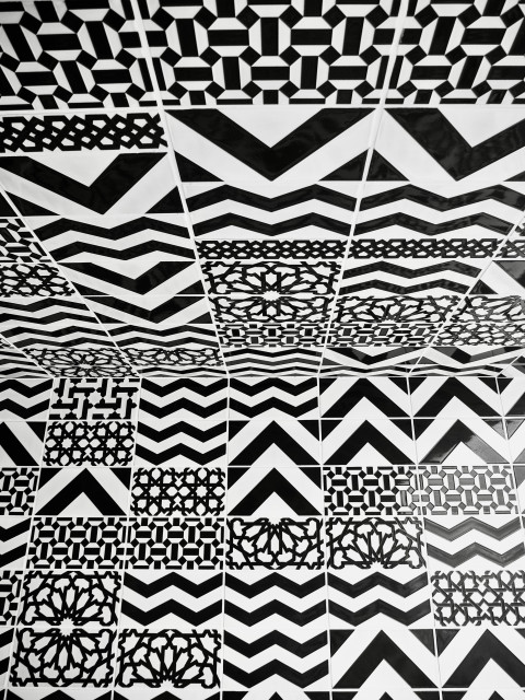 Black and white image showing a collection of dazzling ceramic tiles with a broad range of designs