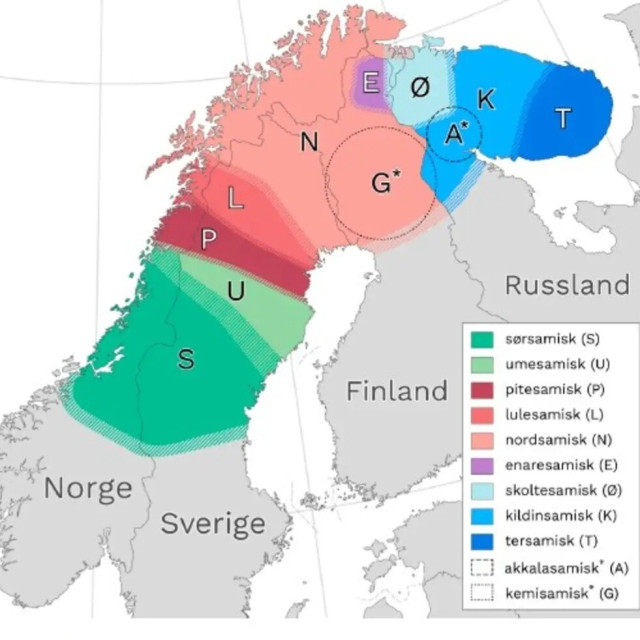 A map of Sápmi with the Sámi languages demarcated.